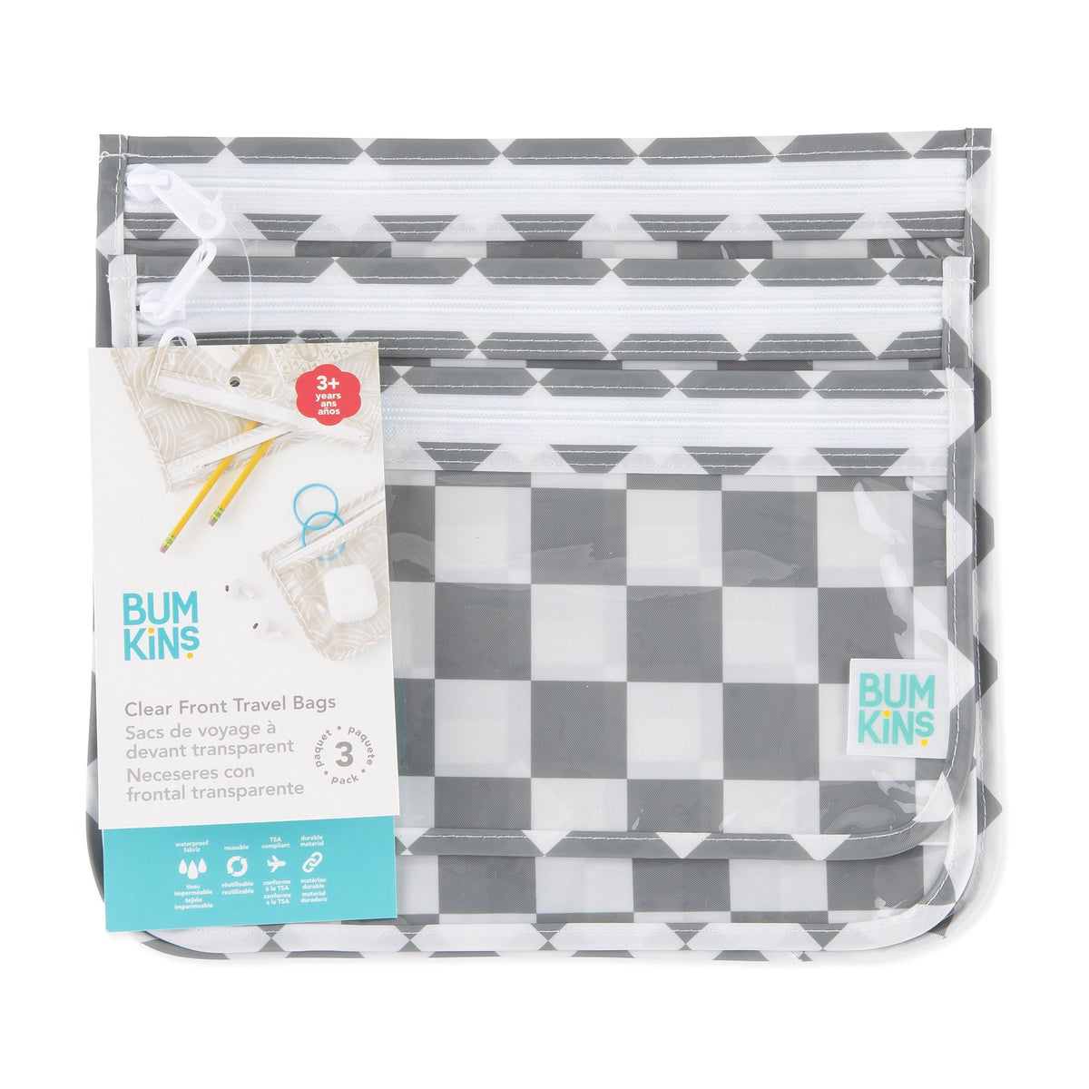 Bumkins Quality | Clear Travel Bag 3 Pack: Charcoal Check