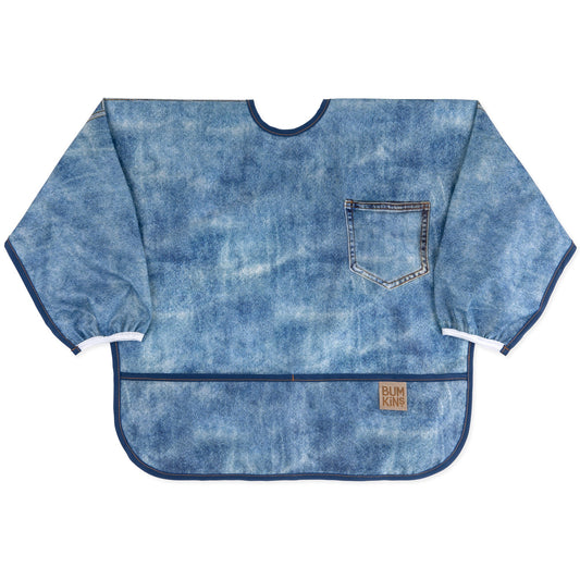 Bumkins Featured | Denim Print Sleeved Bib, Machine Washable, Lightweight