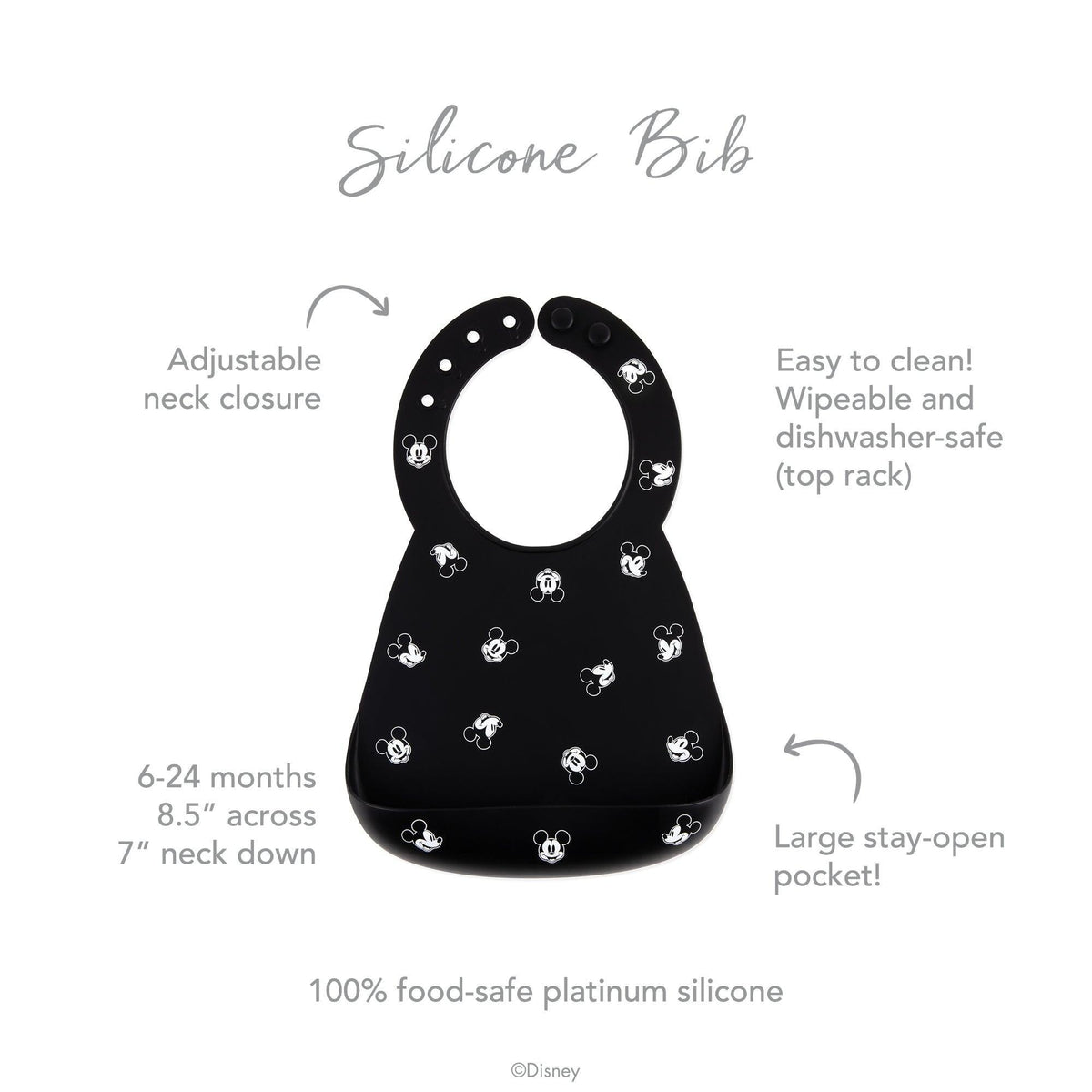 Bumkins Smart Buy | Mickey Mouse Black and White Silicone Bib +Catch-All Pocket