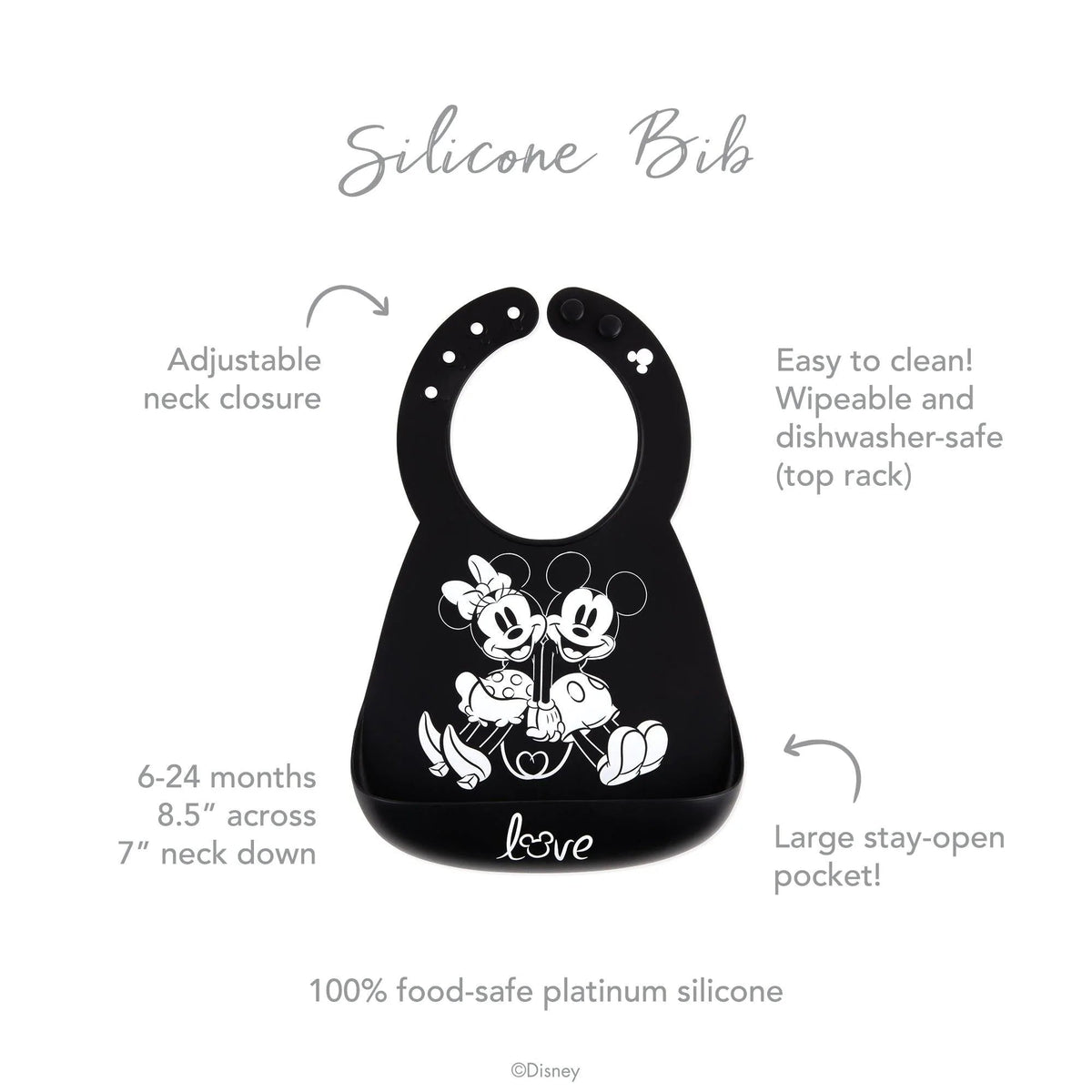 Bumkins Top Pick | Mickey and Minnie Love Print B+W Silicone Bib For 6-24 Mos