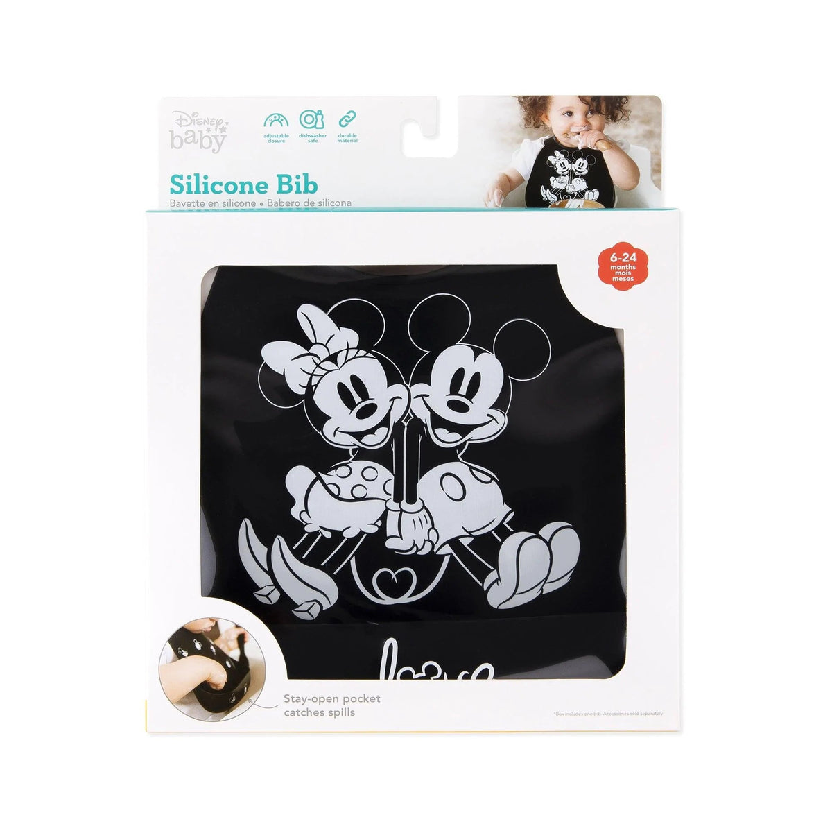 Bumkins Top Pick | Mickey and Minnie Love Print B+W Silicone Bib For 6-24 Mos