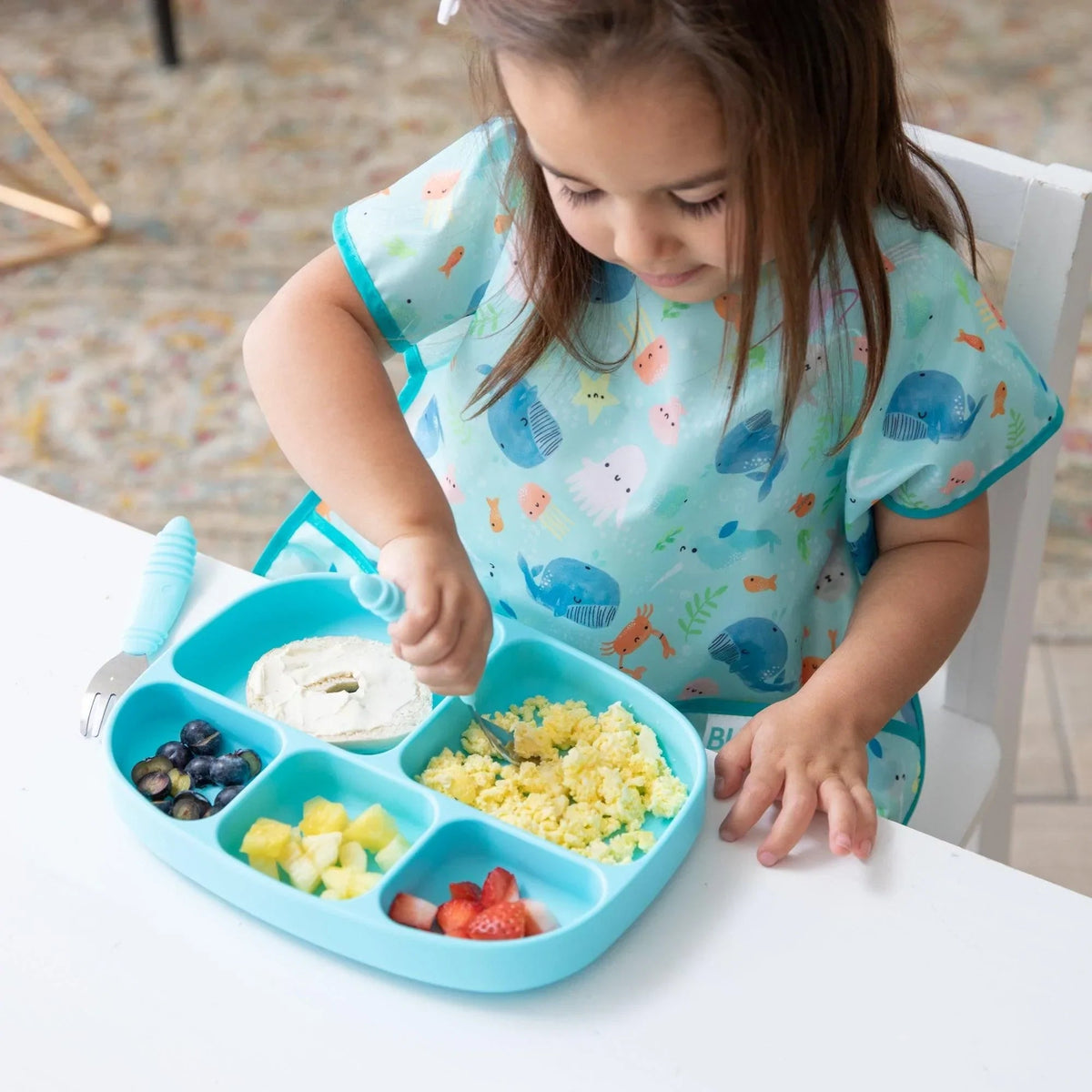 Bumkins Popular | Blue BPA Free Toddler Plates, 5 Divided Sections + Lid