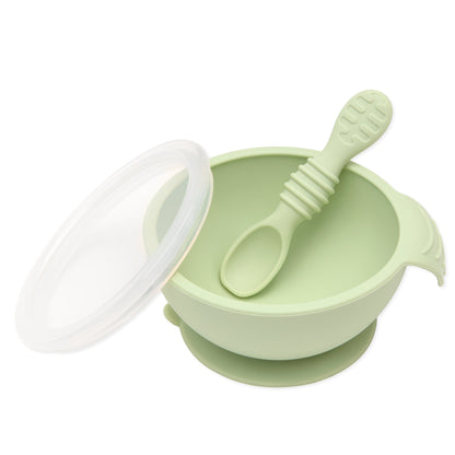 Bumkins Sale | Sage Silicone First Feeding Set | Baby Bowl, Spoon + Lid