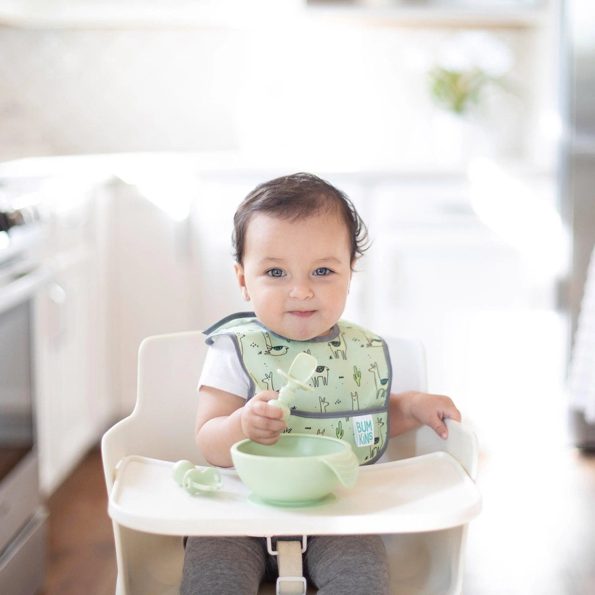 Bumkins Sale | Sage Silicone First Feeding Set | Baby Bowl, Spoon + Lid