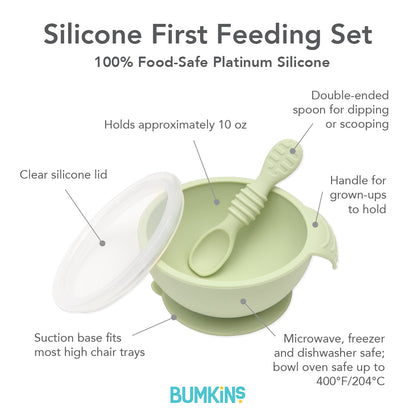 Bumkins Sale | Sage Silicone First Feeding Set | Baby Bowl, Spoon + Lid