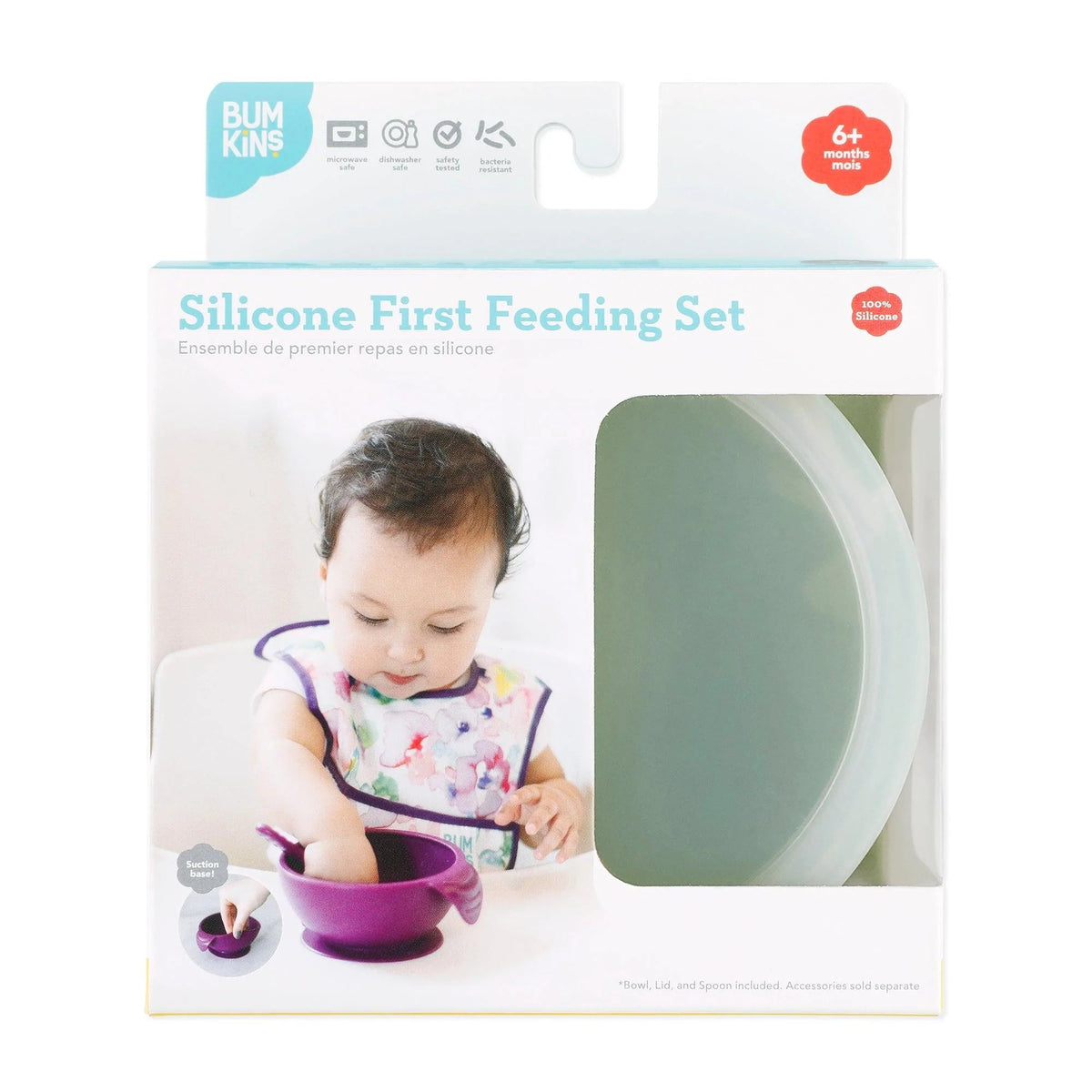 Bumkins Sale | Sage Silicone First Feeding Set | Baby Bowl, Spoon + Lid