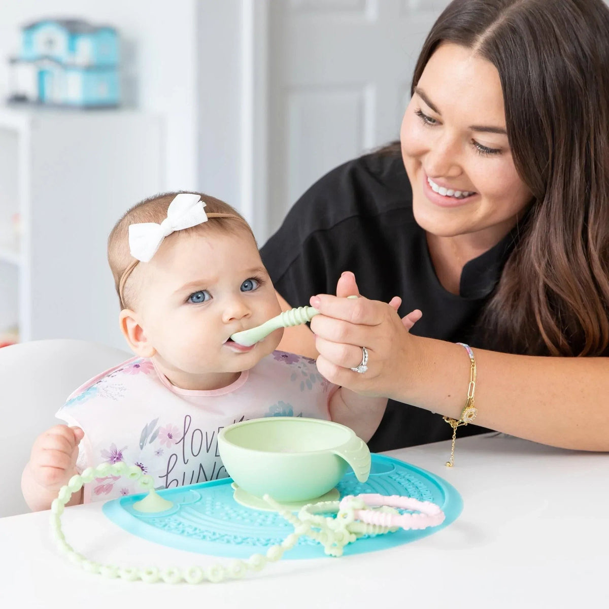 Bumkins Sale | Sage Silicone First Feeding Set | Baby Bowl, Spoon + Lid