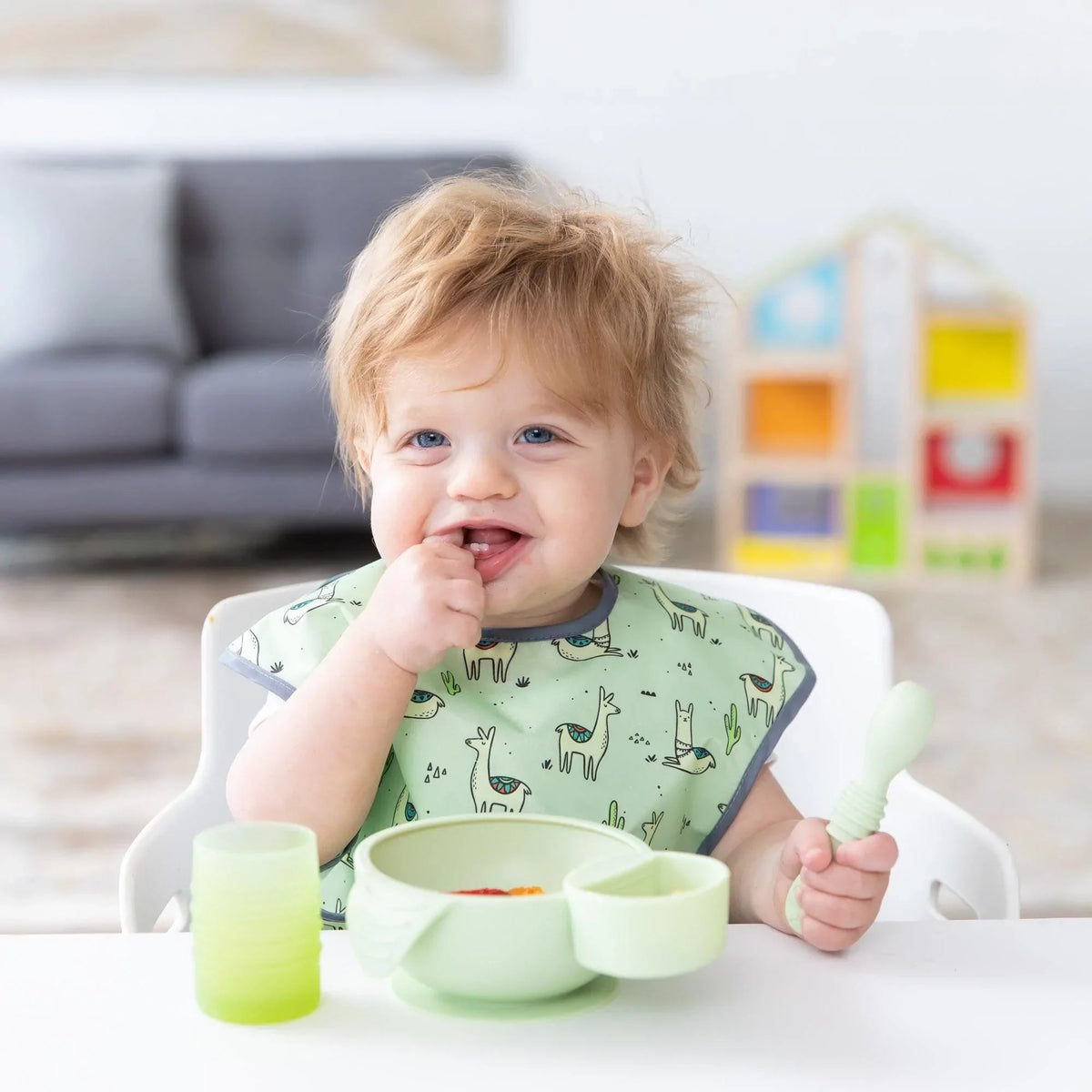 Bumkins Sale | Sage Silicone First Feeding Set | Baby Bowl, Spoon + Lid
