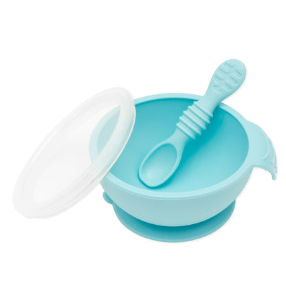 Bumkins Essential | Baby's First Feeding Set | Blue Baby Bowl, Spoon & Lid