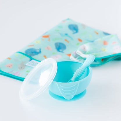 Bumkins Essential | Baby's First Feeding Set | Blue Baby Bowl, Spoon & Lid