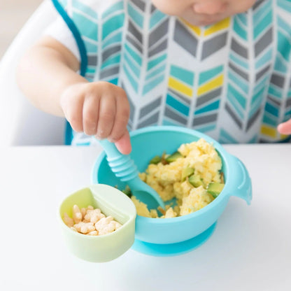 Bumkins Essential | Baby's First Feeding Set | Blue Baby Bowl, Spoon & Lid