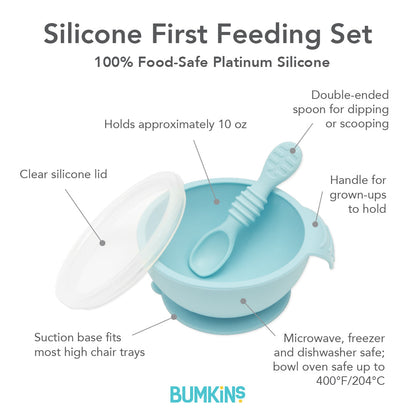 Bumkins Essential | Baby's First Feeding Set | Blue Baby Bowl, Spoon & Lid