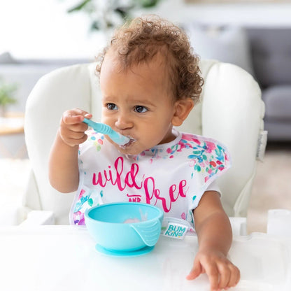 Bumkins Essential | Baby's First Feeding Set | Blue Baby Bowl, Spoon & Lid
