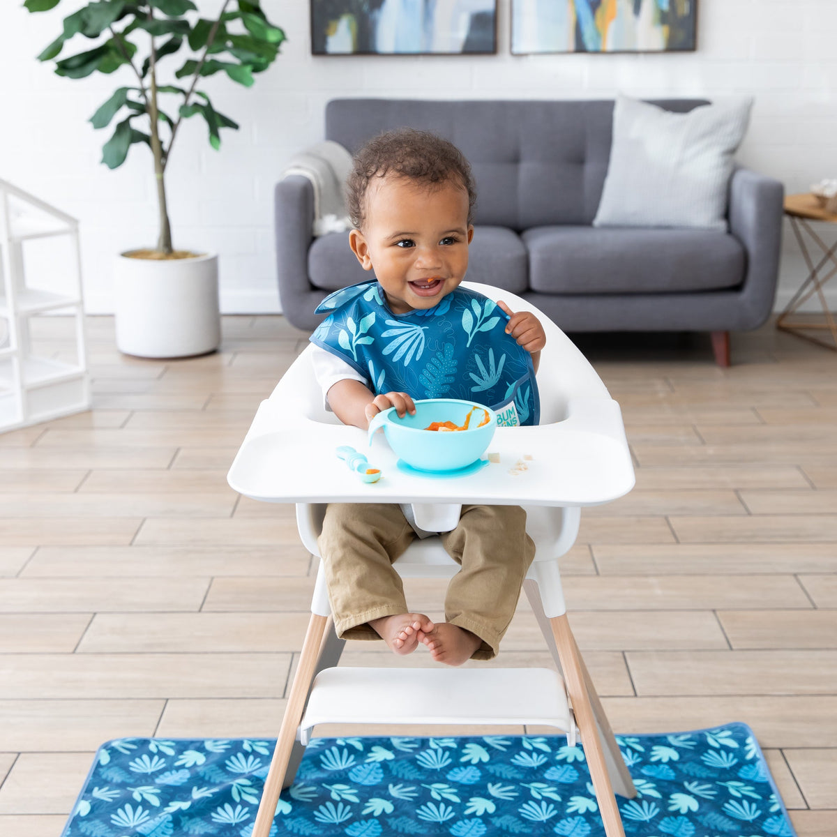 Bumkins Essential | Baby's First Feeding Set | Blue Baby Bowl, Spoon & Lid