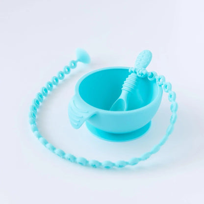 Bumkins Essential | Baby's First Feeding Set | Blue Baby Bowl, Spoon & Lid