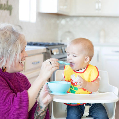 Bumkins Essential | Baby's First Feeding Set | Blue Baby Bowl, Spoon & Lid