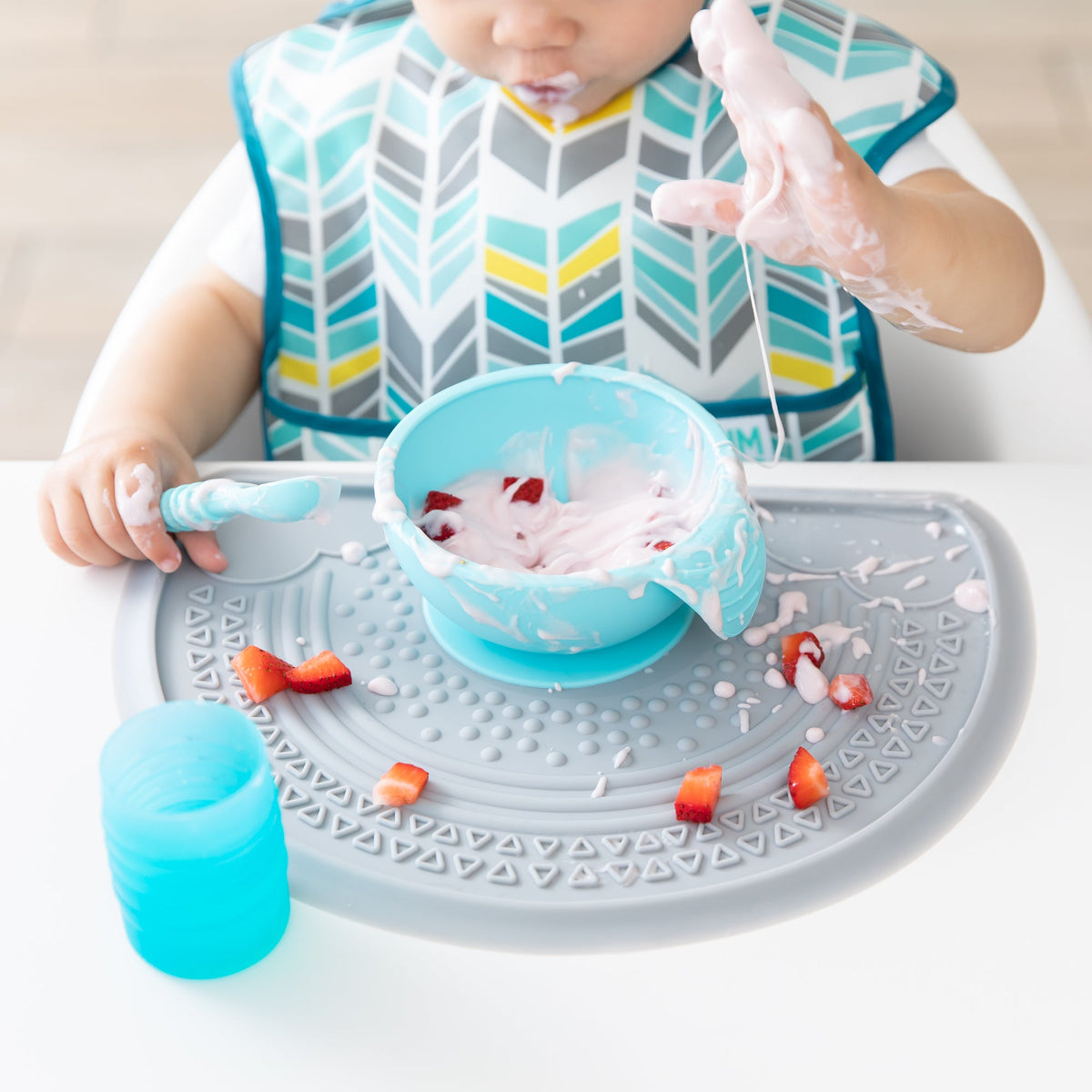 Bumkins Essential | Baby's First Feeding Set | Blue Baby Bowl, Spoon & Lid