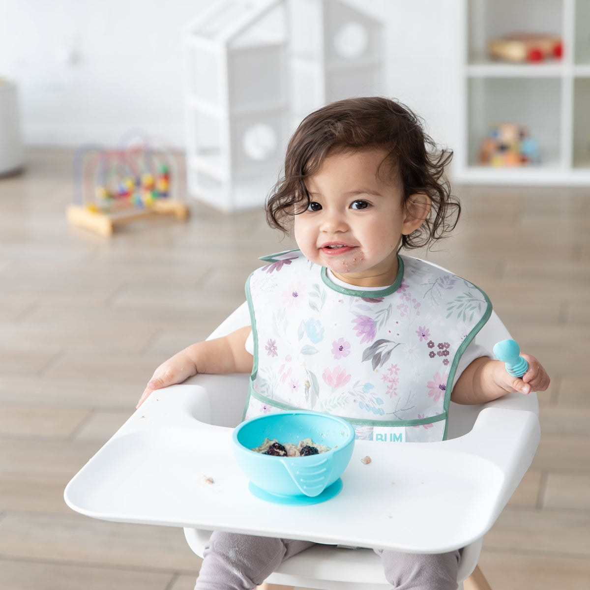 Bumkins Essential | Baby's First Feeding Set | Blue Baby Bowl, Spoon & Lid