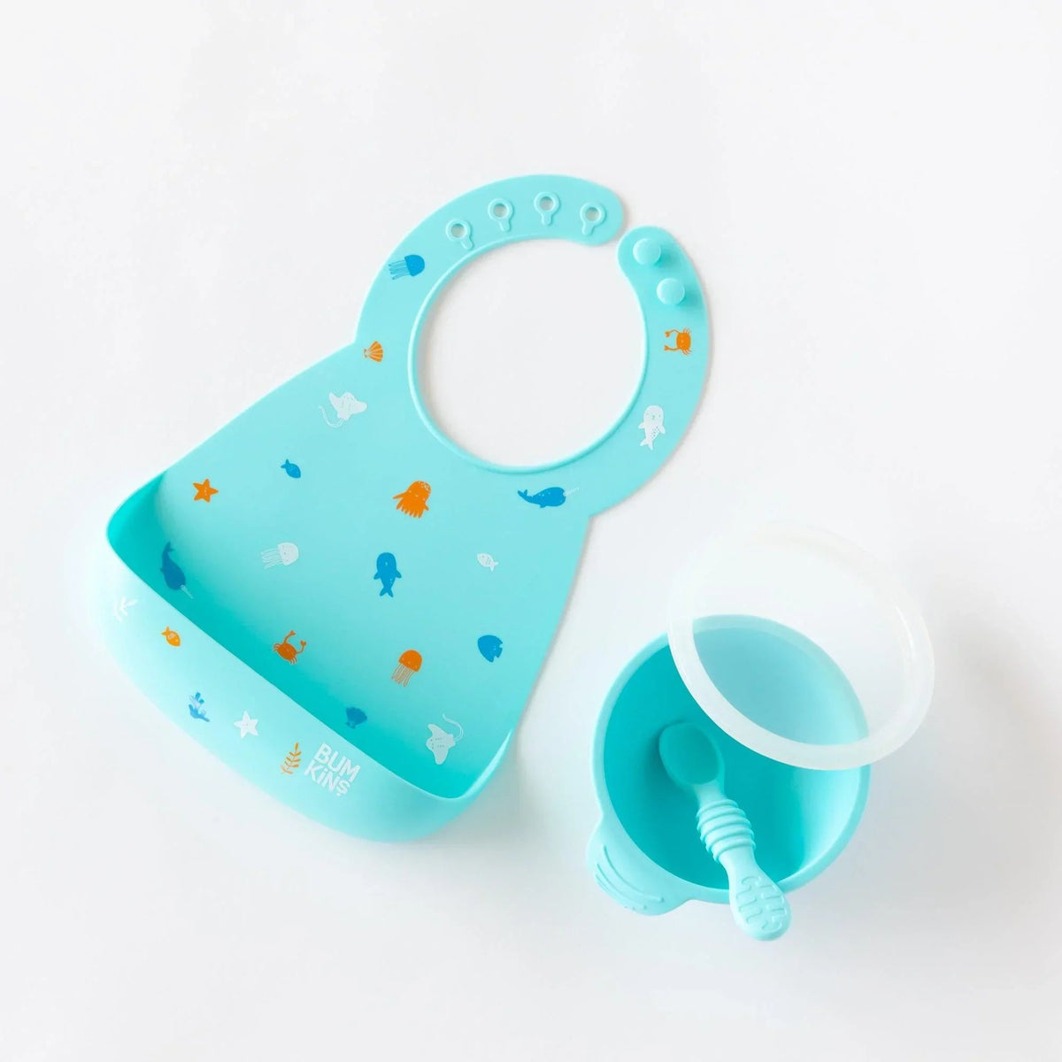 Bumkins Essential | Baby's First Feeding Set | Blue Baby Bowl, Spoon & Lid