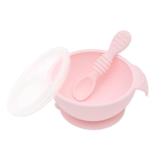 Bumkins Exclusive | Pink Silicone Suction First Feeding Set with Bowl, Spoon + Lid