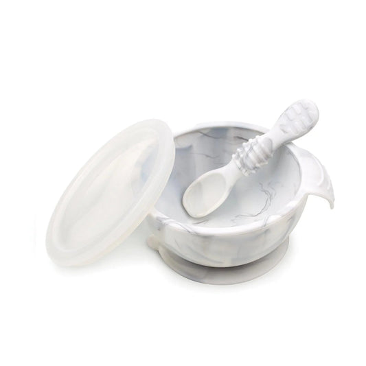 Bumkins Great Value | Marbled Silicone Baby Feeding Set with suction Bowl, Spoon + Lid