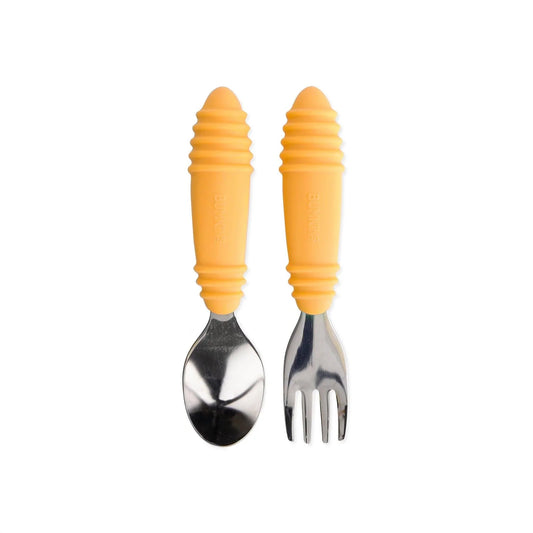 Bumkins New | Stainless Steel & Silicone Spoon & Fork Set in Tangerine