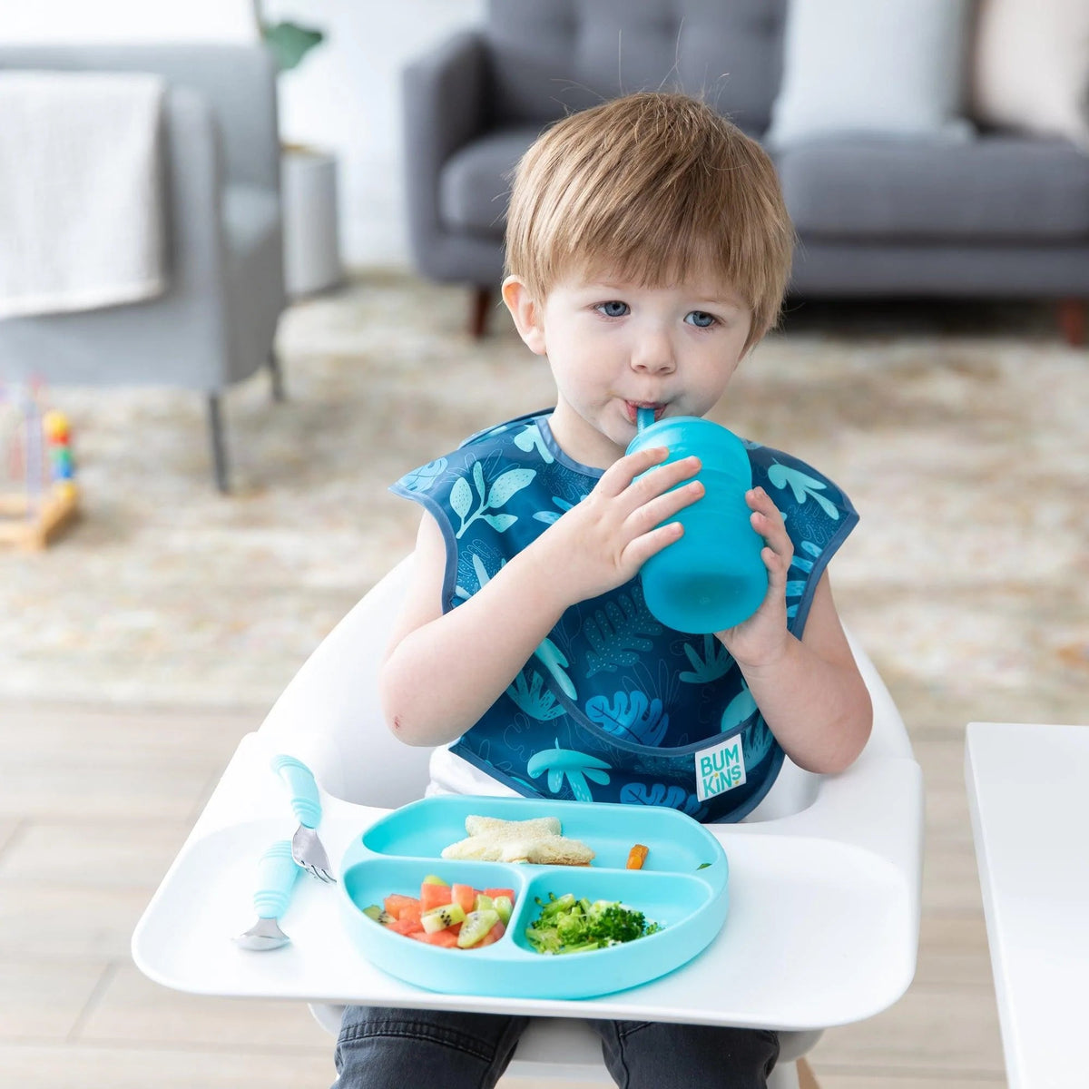 Bumkins New | Silicone Toddler Cups with Sraws & Leak-Resistant Lid, Blue