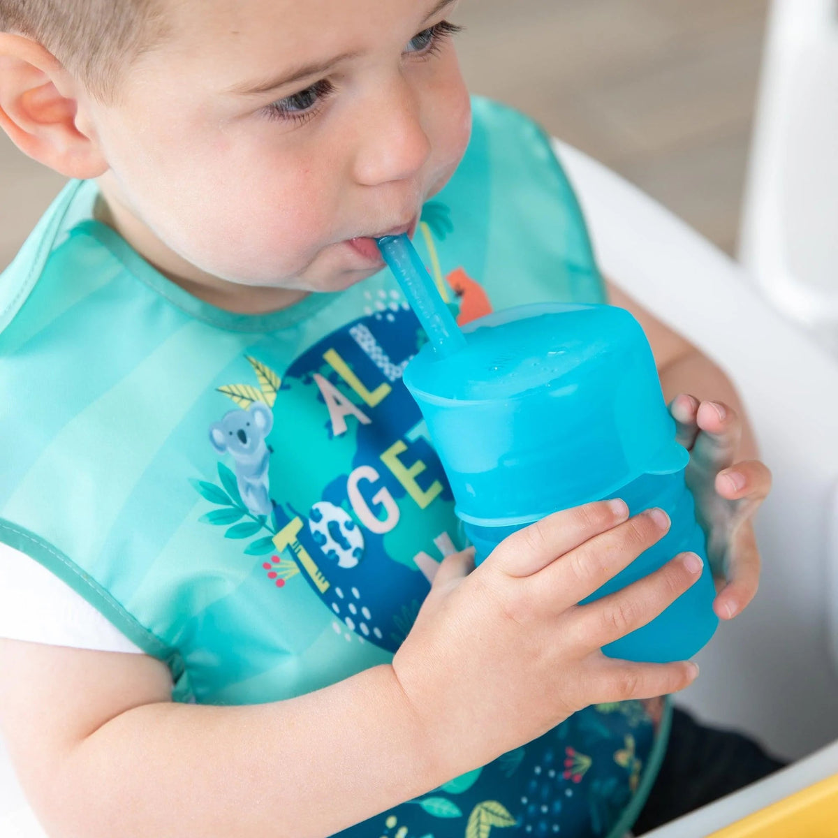 Bumkins New | Silicone Toddler Cups with Sraws & Leak-Resistant Lid, Blue