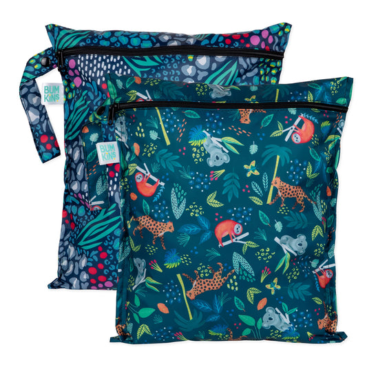 Bumkins Exclusive | Wet Bag 2 Pack: Jungle + Animal Prints For Diapers, Swim