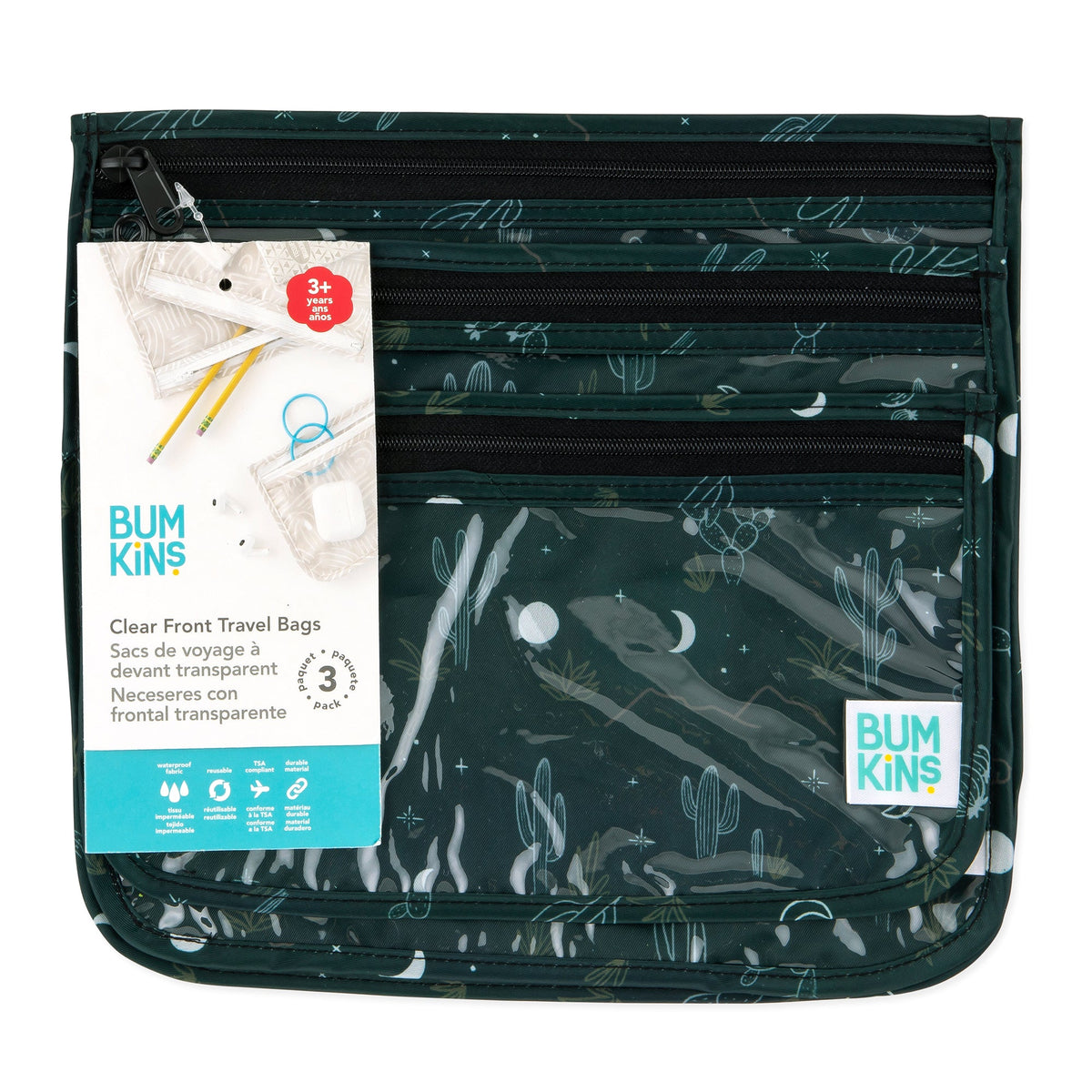 Bumkins Everyday | Starry Cactus Clear Travel Bag 3 Pack, TSA-Friendly
