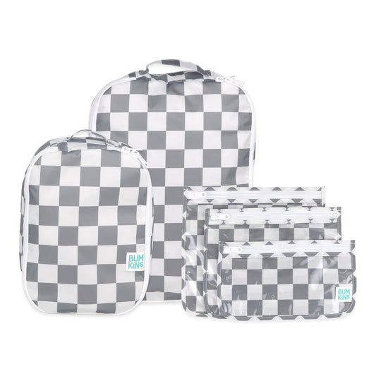 Bumkins Great Value | Grey Checkered Waterproof Packing Cubes + Travel Bag Set