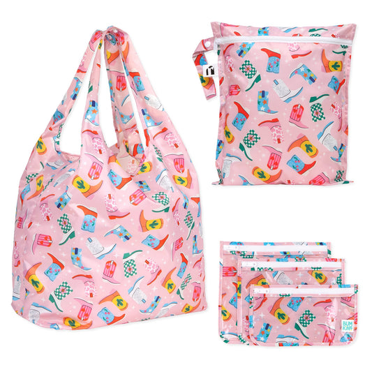 Bumkins Best Seller | Pink Boots Print Waterproof Bag Set for Travel, 5 Pieces