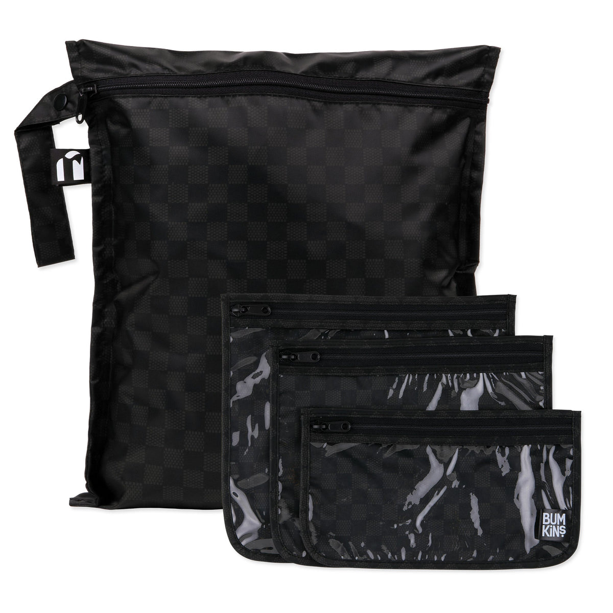 Bumkins Value | Black Check 4-Piece Bag Set, Wet Bag + TSA Travel Bags