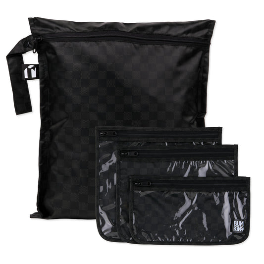 Bumkins Value | Black Check 4-Piece Bag Set, Wet Bag + TSA Travel Bags