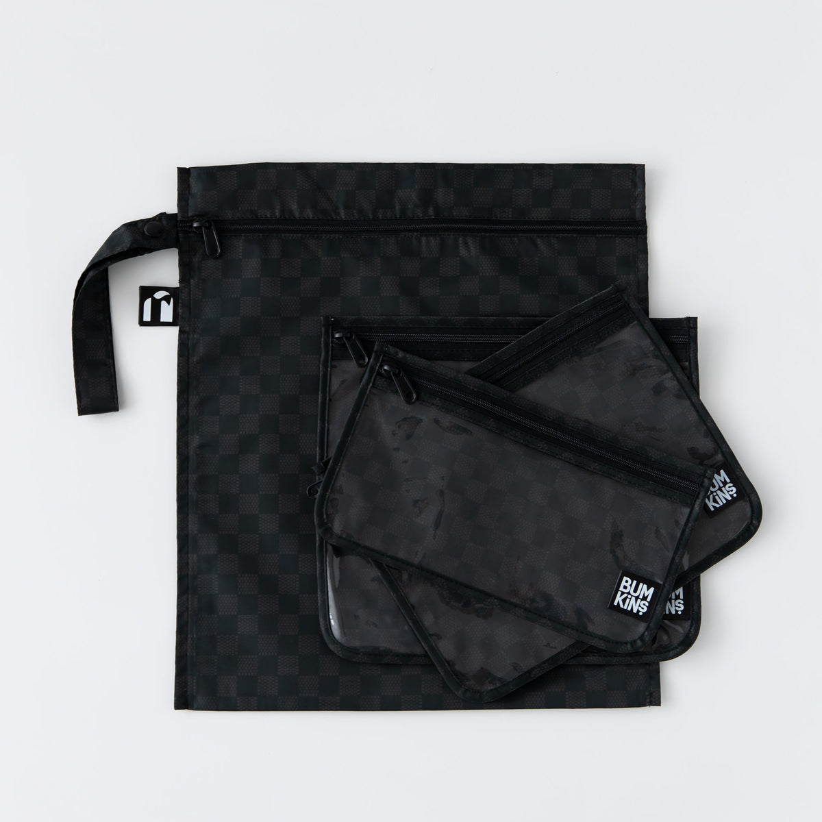 Bumkins Value | Black Check 4-Piece Bag Set, Wet Bag + TSA Travel Bags
