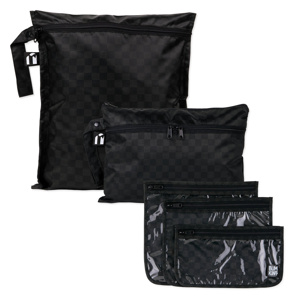 Bumkins Best Seller | Black Check Print Travel 5pc Set, Wet Bag, Clutch, TSA Bags