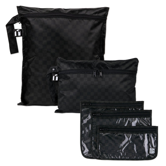 Bumkins Best Seller | Black Check Print Travel 5pc Set, Wet Bag, Clutch, TSA Bags