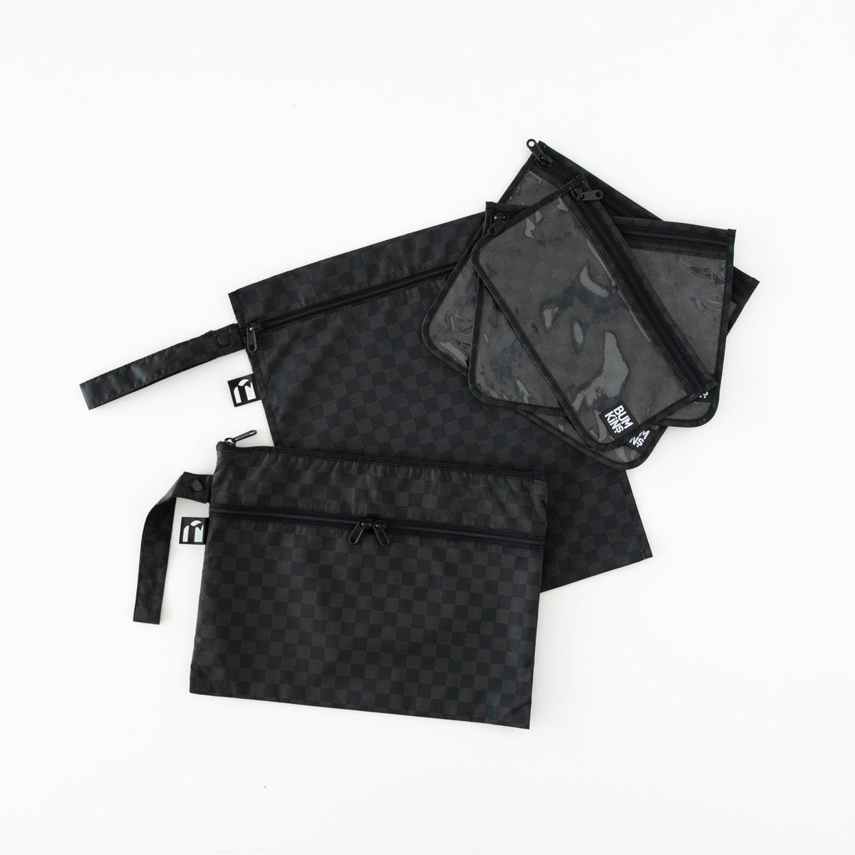 Bumkins Best Seller | Black Check Print Travel 5pc Set, Wet Bag, Clutch, TSA Bags