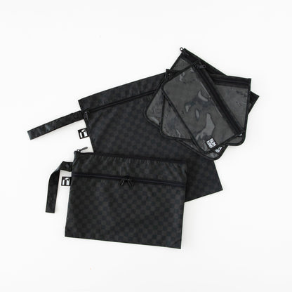 Bumkins Best Seller | Black Check Print Travel 5pc Set, Wet Bag, Clutch, TSA Bags