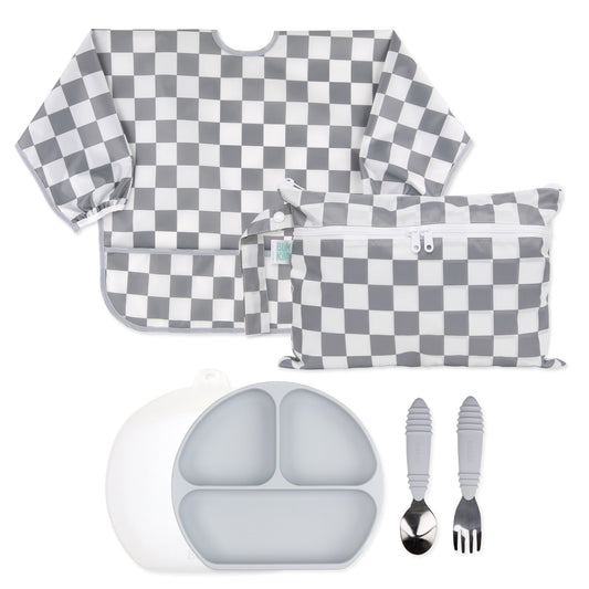 Bumkins Latest | On-The-Go Mealtime 6-Piece Set: Charcoal Check + Grey