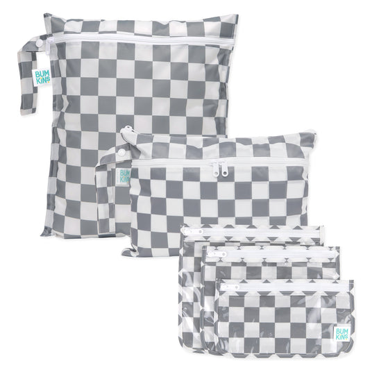 Bumkins Special Offer | Gray Check Lightweight Travel Bag Set, 5-Piece