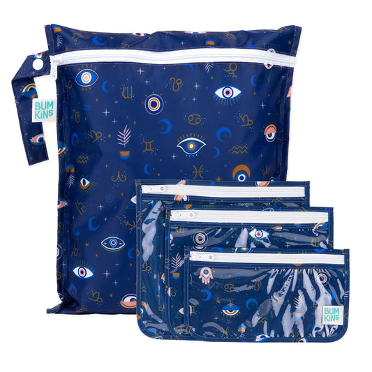 Bumkins Value | Evil Eye Print Wet Bag + Clear Travel Bags, Waterproof