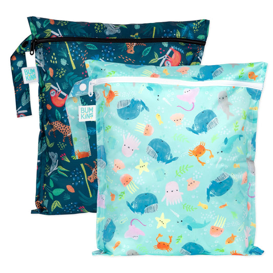 Bumkins Value | Wet Bag 2 Pack: Ocean Life and Jungle Prints | Waterproof
