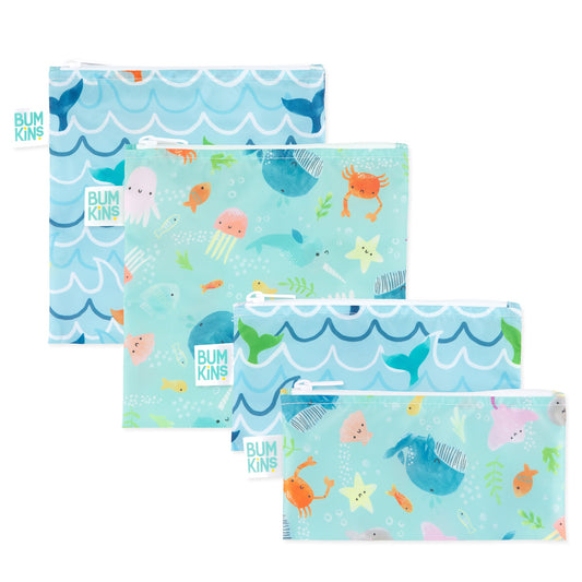 Bumkins Smart Buy | Reusable Snack Bag 4 Pack: Ocean Life & Whale Tail