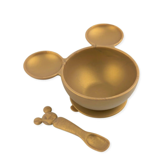 Bumkins Essential | Disney Silicone Baby Bowl, Spoon + Lid Set in Elegant Gold Baby