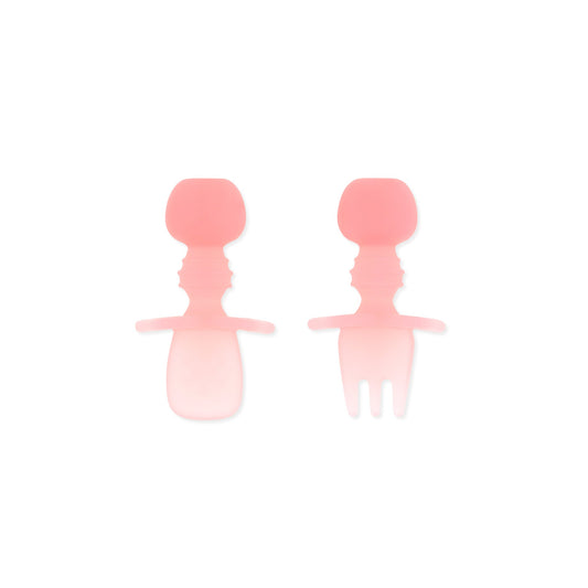 Bumkins Best Seller | Soft Silicone Training Spoon + Fork for Babies, Pink Jelly