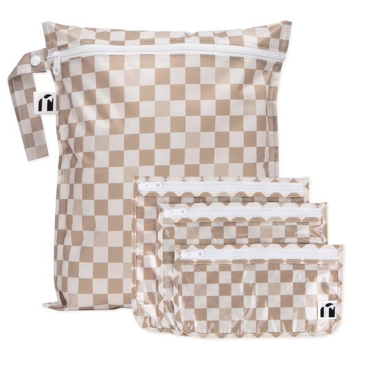 Bumkins Sale | Beige Check 4-Piece Travel Bag Set, Waterproof, Lightweight